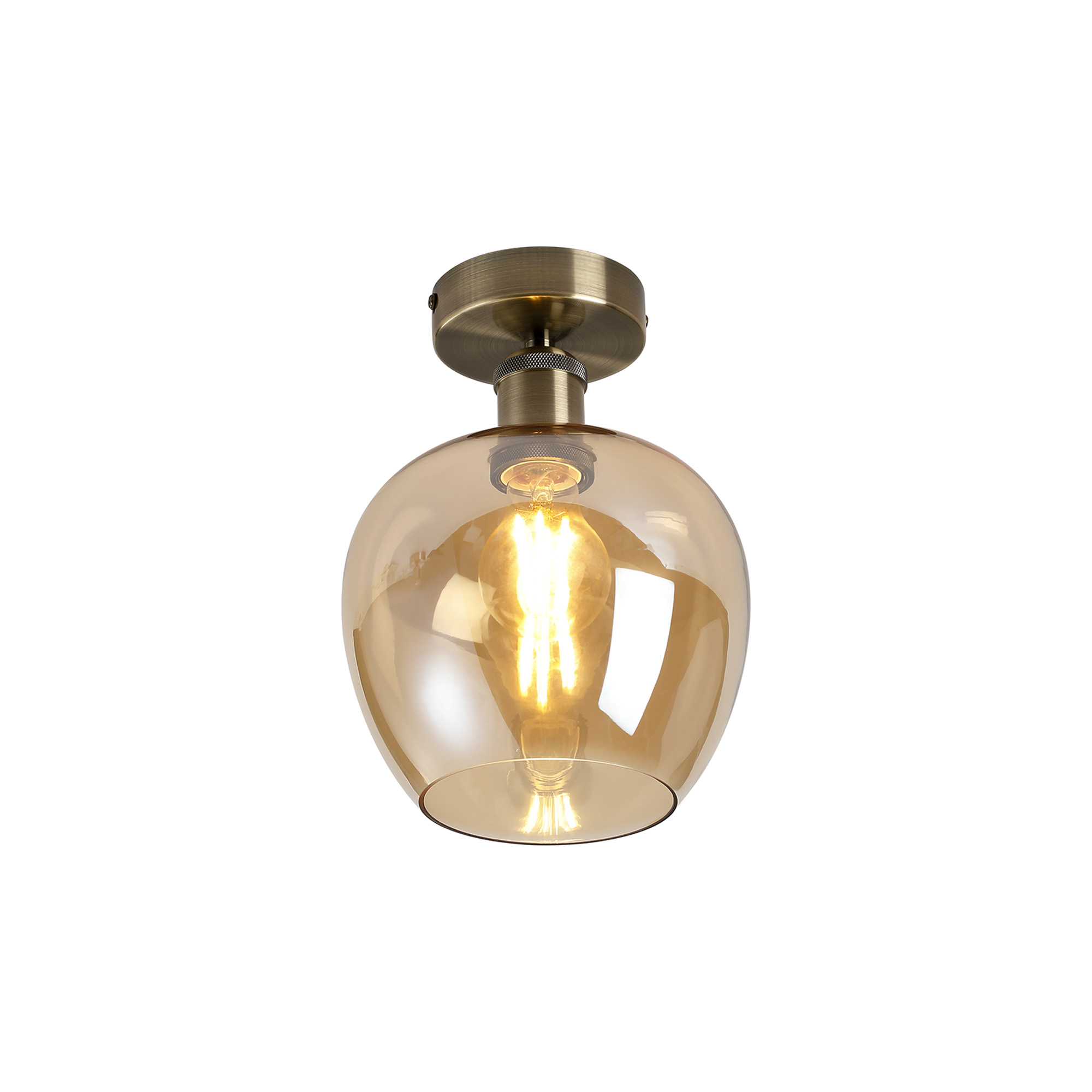 DK1127  Cawdor Flush Fitting, 1 Light E27, Antique Brass/Amber Wine Glass